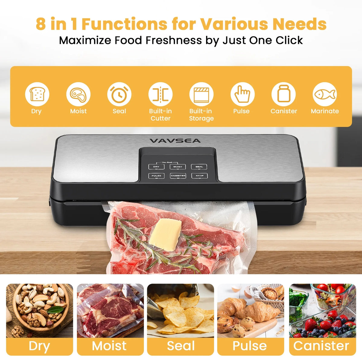 VAVSEA Vacuum Sealer Machine,85kPa Food Vacuum Sealer with Bag Roll Storage Space,8 in 1 Food Vacuum Machine with 10 Vacuum Bags 1 Bag Roll for Sous Vide and Food Storage