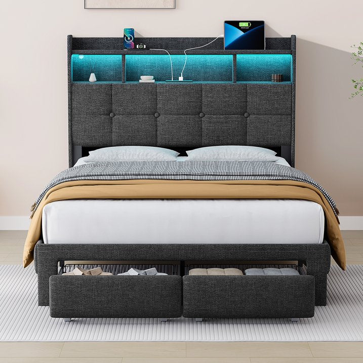 Sesslife Full LED Bed Frame with 2 Storage Drawers, Wood Platform Bed with Wingback Upholstered Storage Headboard and Charging Station, Strong Wooden Slats Support, No Box Spring Needed, Dark Gray