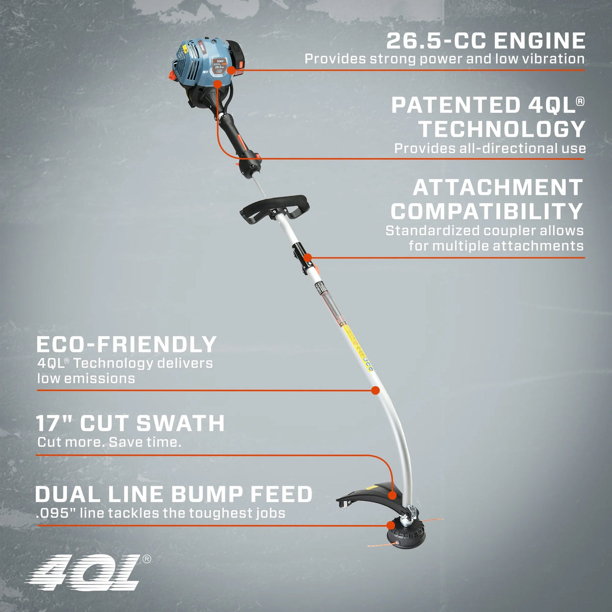 Senix 4 Cycle 26.5cc Trimmer with Curved Shaft Attachments, Model 4QL