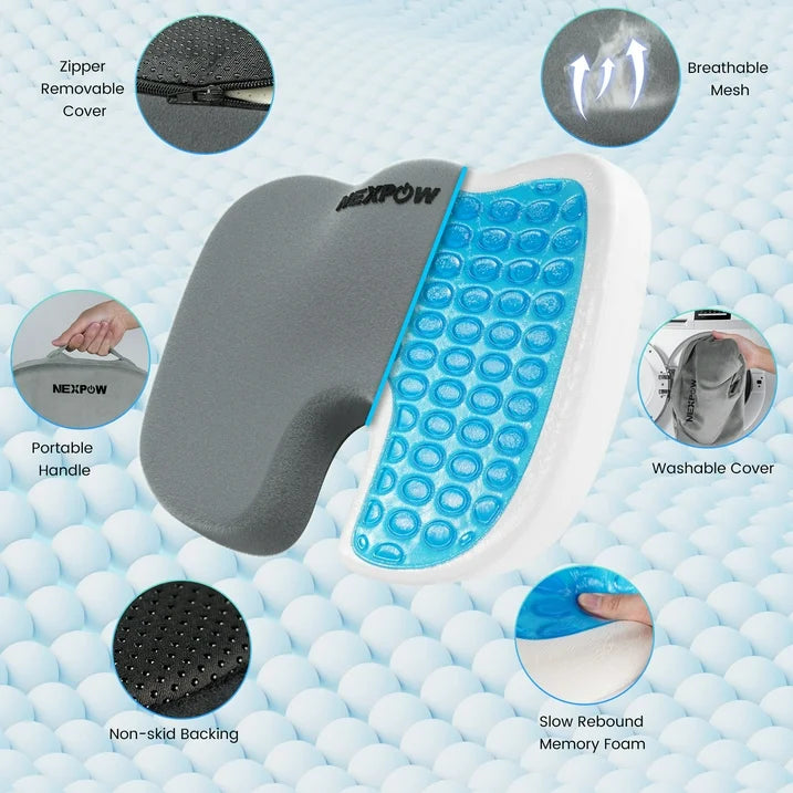 NEXPOW Memory Foam Seat Cushion Cooling Gel Butt Pillow for Tailbone Pain Relief Chair Cushion,Car Seat Cushion,Butt Pillow Grey