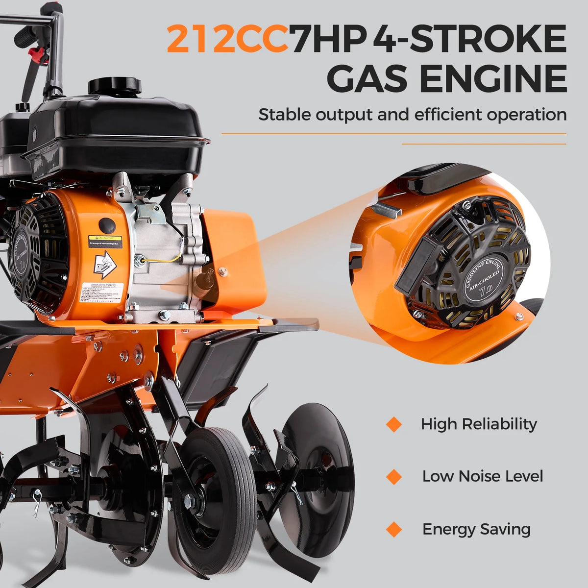 Efurden Gas Tiller Cultivator, 7HP 212cc Gas Powered Engine Tiller Cultivator for Garden Lawn Soil Cultivation, Weeding Digging
