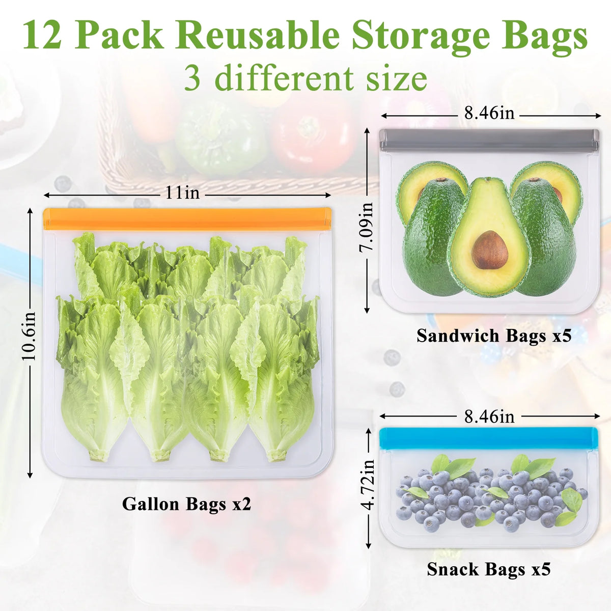 12 Pack Reusable Freezer Bags, Reusable Gallon Food Storage Bags Leakproof Bags Silicone for home