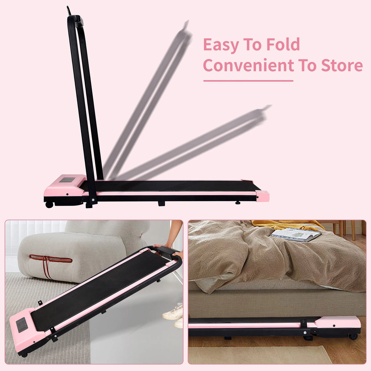 HYEASTR Electric Folding Treadmill 3.0HP Under Desk Treadmill for Home 220lbs Capacity Portable Walking Pad Treadmill 2 in 1 Running Machine with APP & Remote Control - Pink