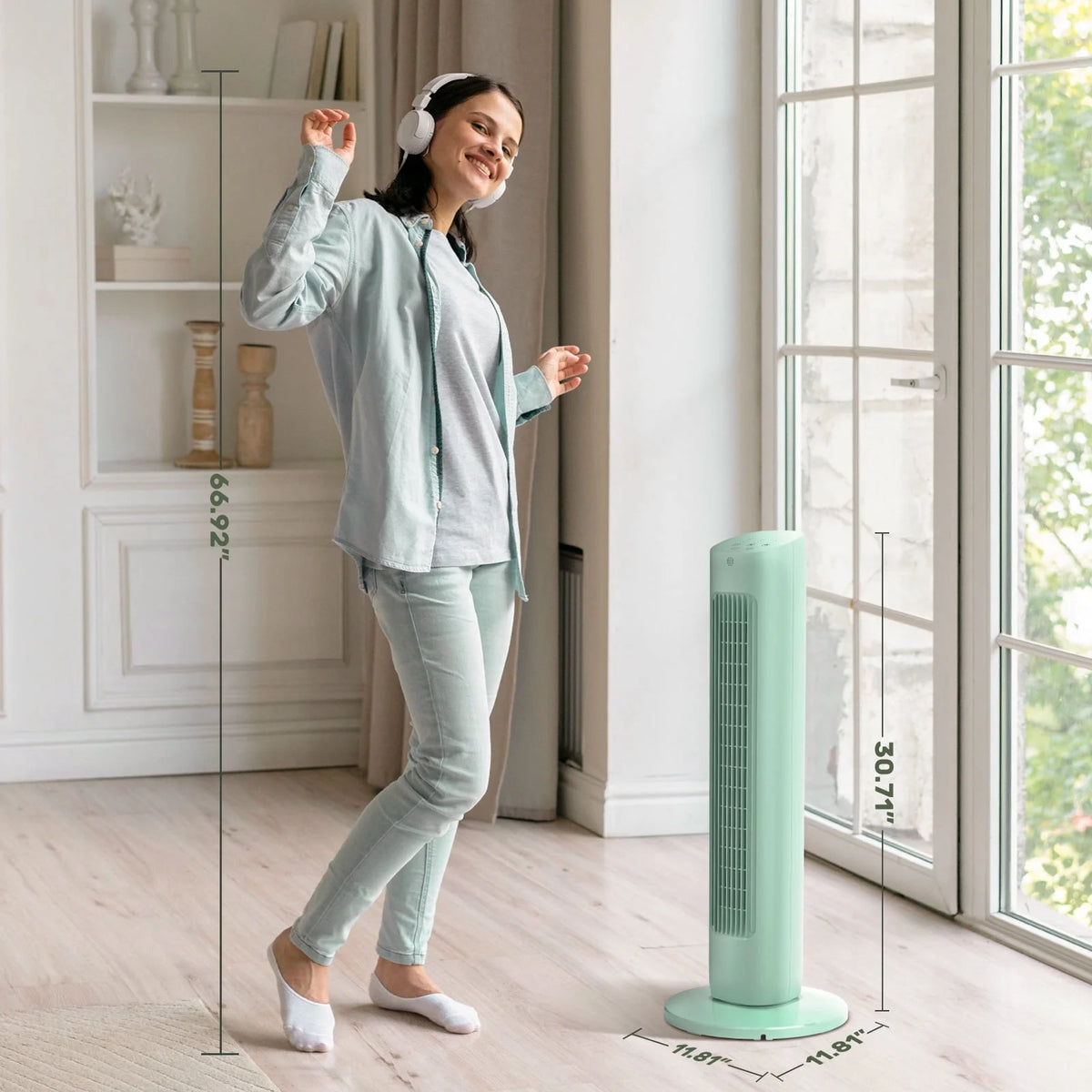 Havato Tower Fan for Bedroom, 85° Oscillating Fans, 3 Speeds, 15H Timer, 3-in-1 Fan Modes, Normal/Natural/Sleep Fan Modes, Green