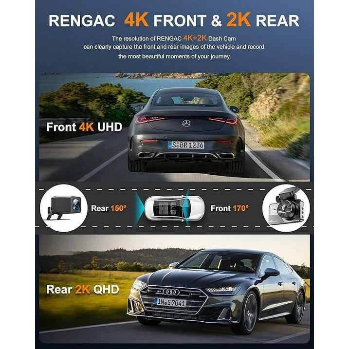Charlore Dash Cam Front and Rear,4K 2K Full HD Dual Dash Camera for Cars,Built in 5G WiFi,GPS,64GB Card,Car Camera with 3 IPS Screen,UHD 2160P Night Vision, HDR,G Sensor, App Control.