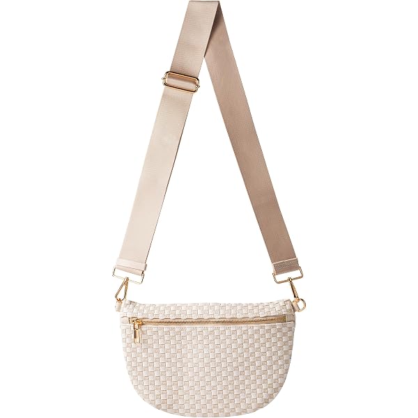 Woven Crossbody Bag for Women, Checkered PU Bum Bag Sling Purse with Adjustable Strap for Travel, Festivals Beige & White