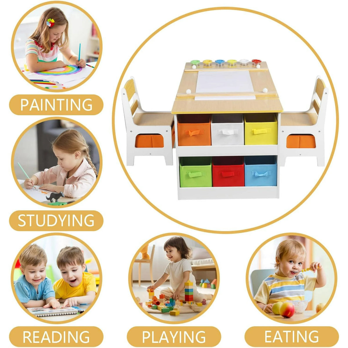 LINLUX 3 in 1 Kids Drawing Table and Chair Set with Art Easel, Toddler Activity Desk for Painting,Natural