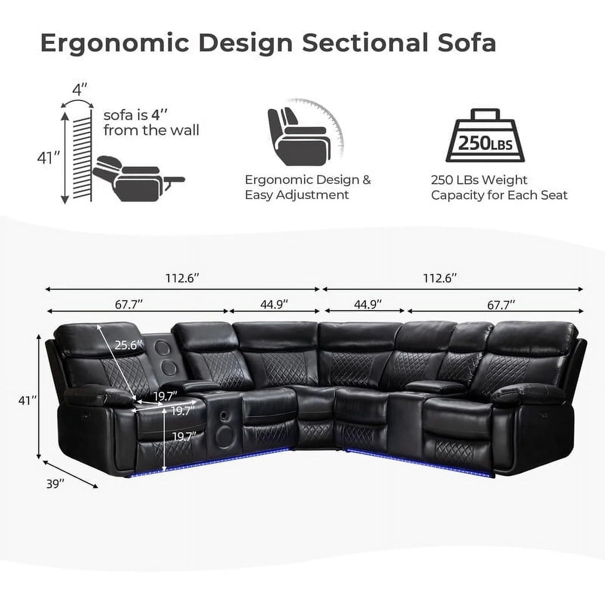 Othniel Power Reclining Sectional Couch with Bass Speaker Ambient Light USB Port,Cup Holder Black