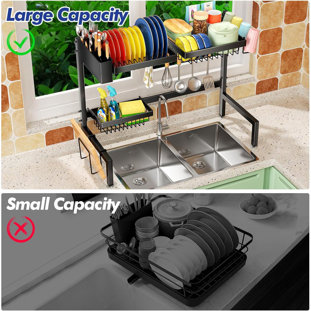 2-Tier Over The Sink Dish Drying Rack, Kitchen Large Dish Drying Rack Over The Sink, Suitable for Most Sinks, Effective Dish Drying, Kitchen Drying Rack(24.8"-35.4")
