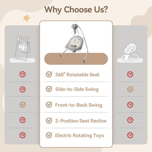 Baby Swing for Infants, Caveen Electric Baby Rocker with 360 Rotatable Seat, 2 Swing Directions, 3 Rotating Toys, for Babies 0-6 Months, Grey