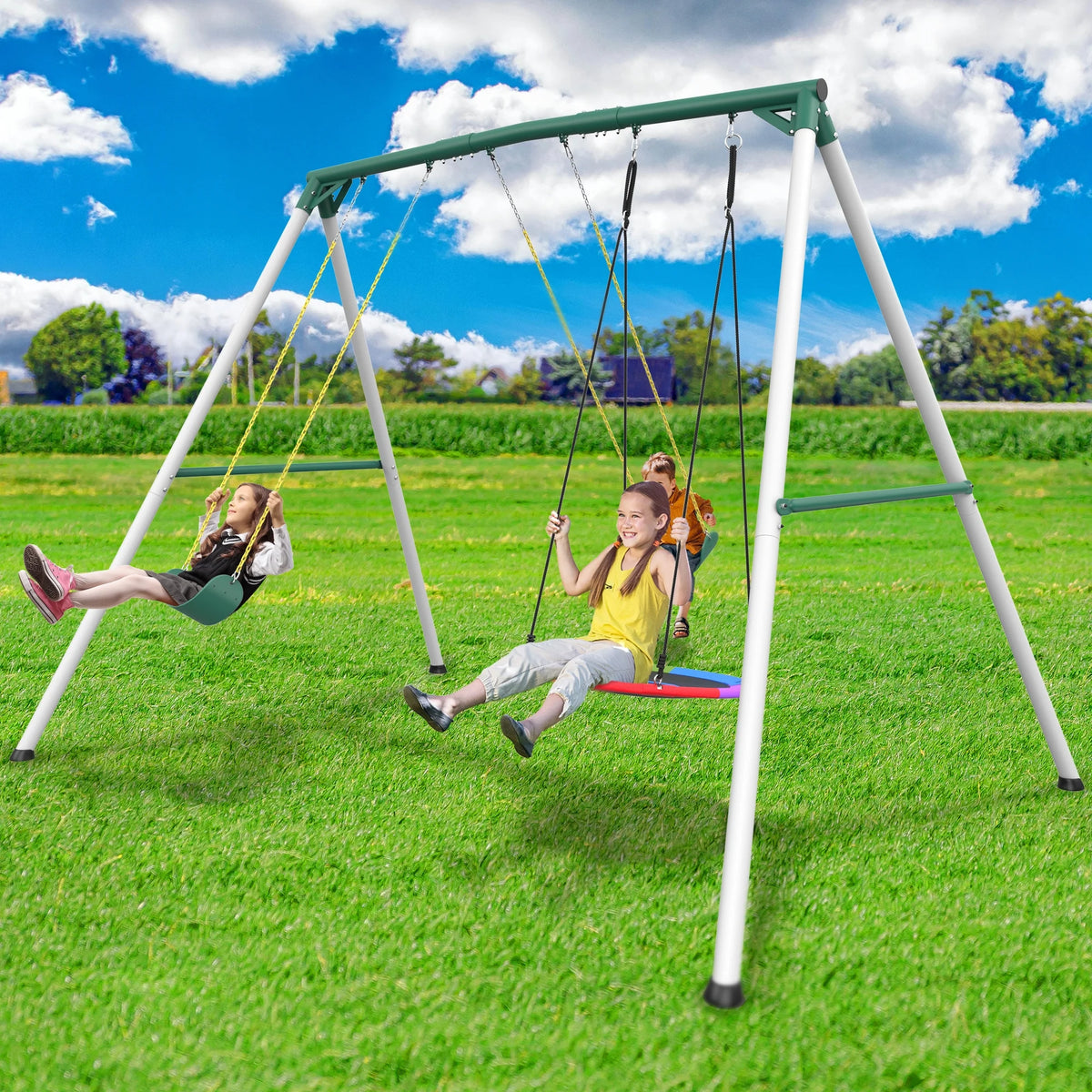 KloKick 9.5 Heavy Duty Swing Set for Kids Adults Includes Saucer Swing 2 Belt Swings, Outdoor Playground Equipment for Backyard Fun