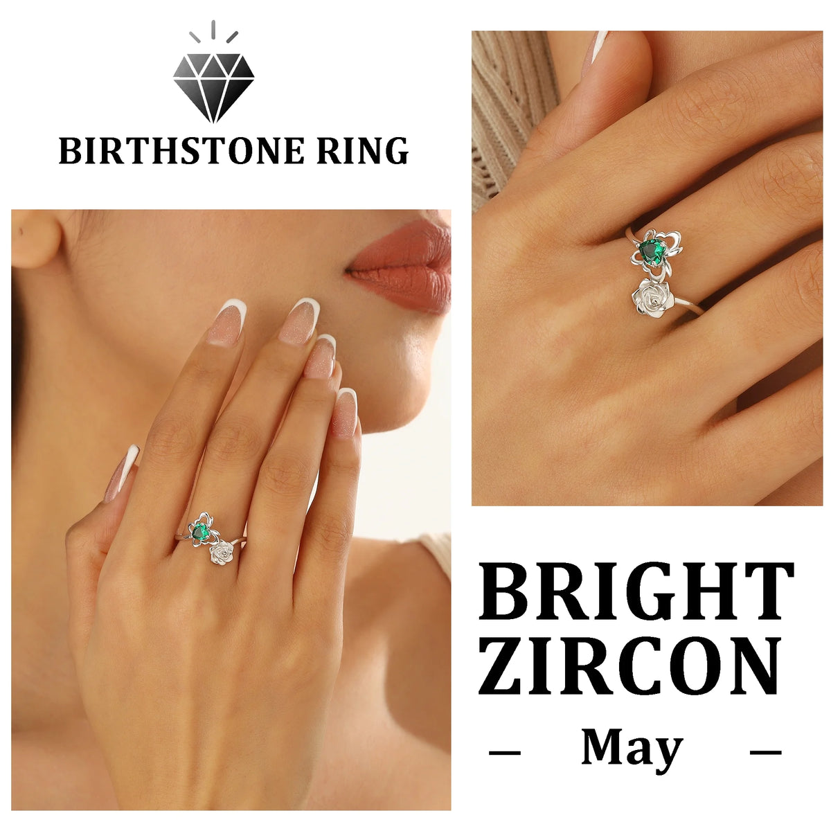 Beautlace Rose Heart Birthstone Ring,925 Sterling Silver May Emerald Butterfly Birthstone Adjustable Open Rings Birthday Christmas Mothers Day Jewelry Gifts for Women Mom
