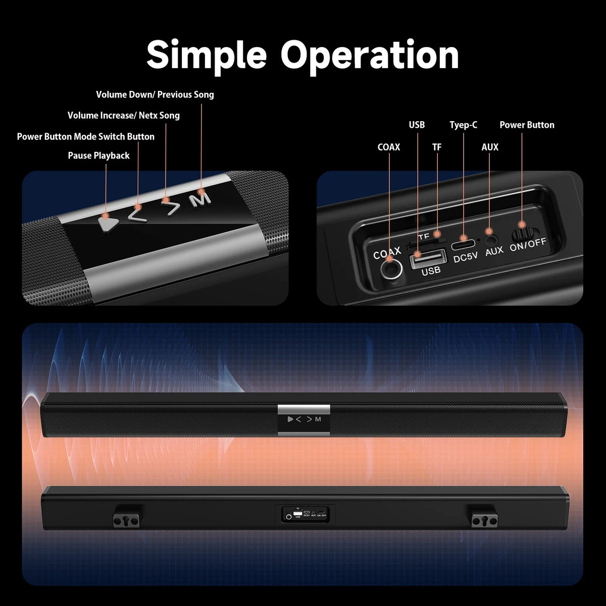 35.24" Soundbar for TV, 50W Wireless Soundbar with Subwoofer and Surround, Bluetooth 5.3 Home Theater TV Audio Speaker, USB/TF Card/AUX/Coaxial Connection, Wall Mountable