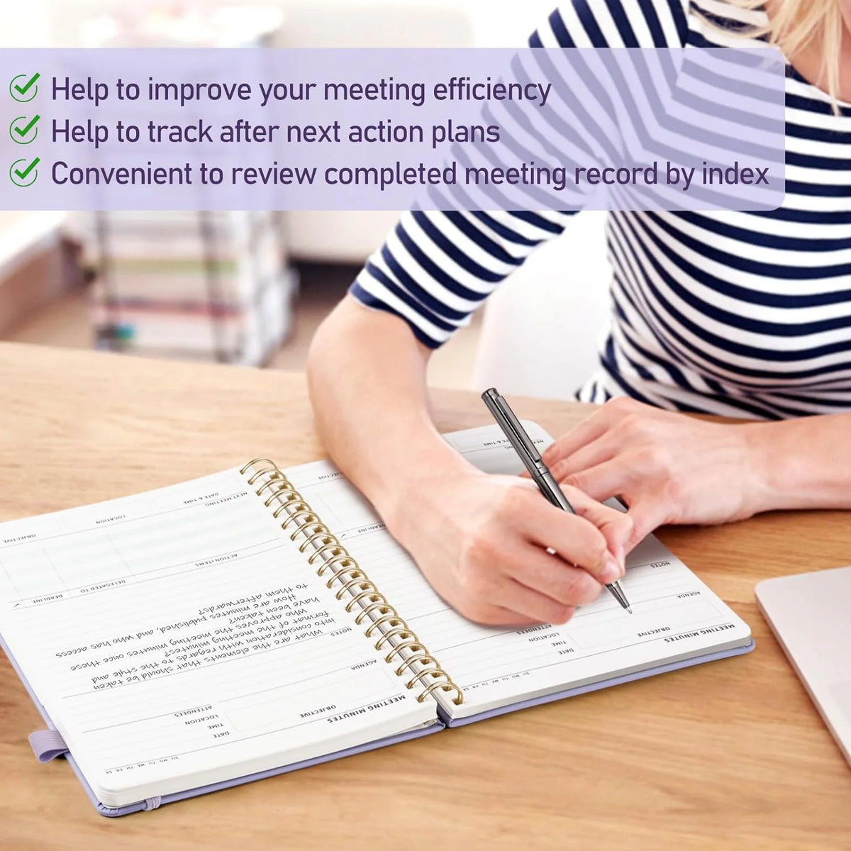 WEMATE Simplified Meeting Notebook for Work with Action Items 200 Pages, B5 (10" × 7") - Light Purple