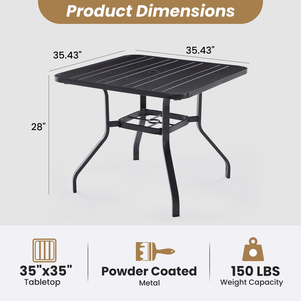 Farini Patio Dining Table 35"x35", Square Outdoor Dining Table with 1.57" Umbrella Hole for Patio Graden Backyard and Poolside