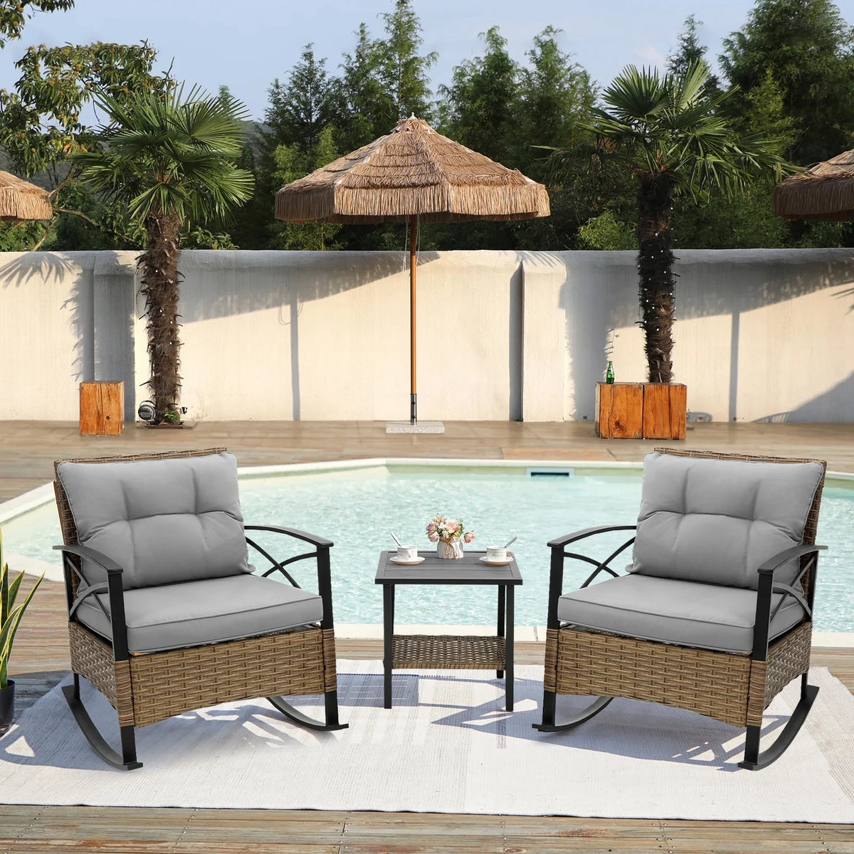 Seizeen Outdoor Patio Furniture, 3pcs Rattan Rocking Chair Set Balcony Furniture, Heavy-duty Patio Chairs with Steel Frame, Tow-Tier Coffee Table, 3’’T Cushion, Gray