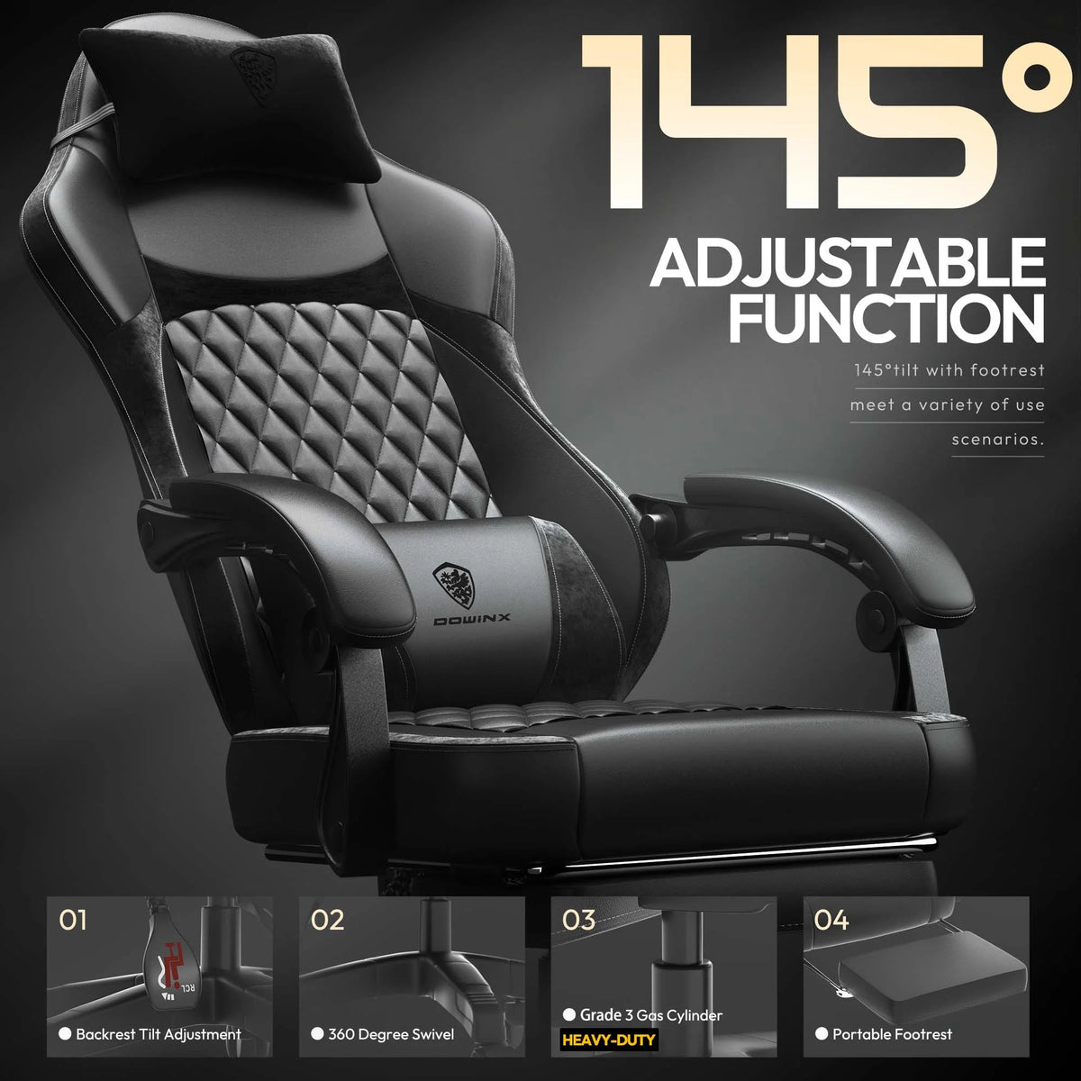 Dowinx Ergonomic Gaming Chair with Pocket Spring Cushion & Massage Lumbar Support High Back Office Computer Chair with Footrest for Adults, 300LBS Capacity, Leather Design, Black
