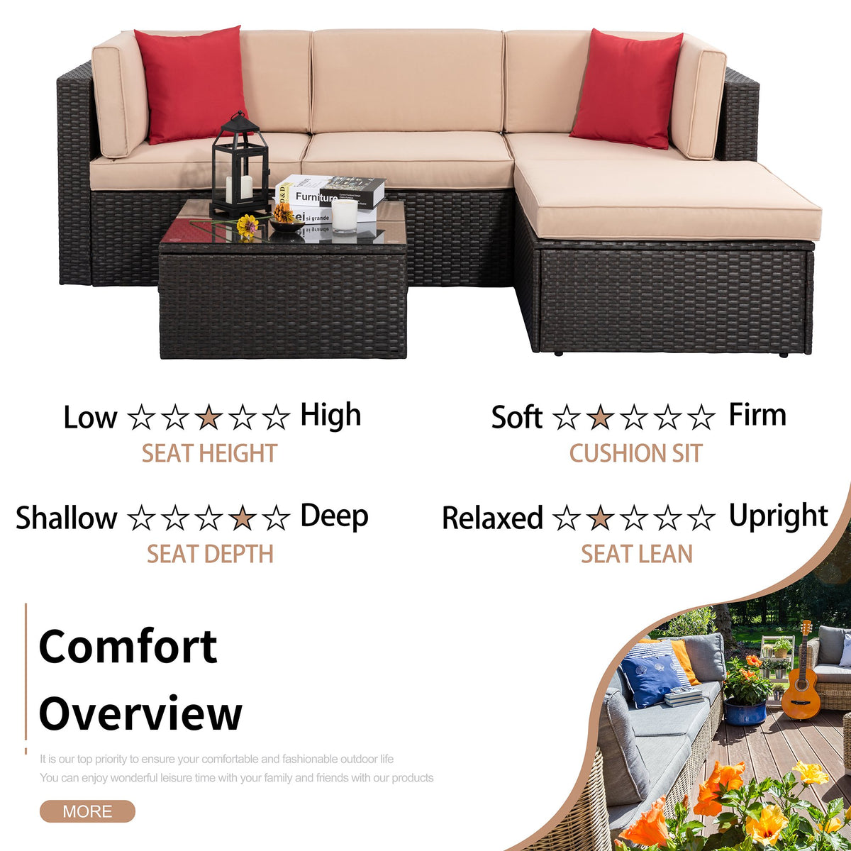 Carpet 5 Piece Outdoor Conversation Sets, Wicker Sectional Patio Set, Khaki