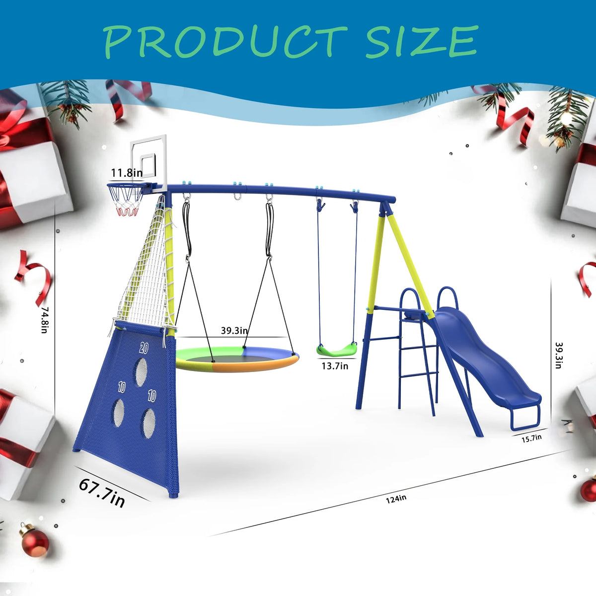 5 in 1 Metal Kids Swing Sets with Heavy Duty Outdoor A-Frame Metal Swing Stand for Playground