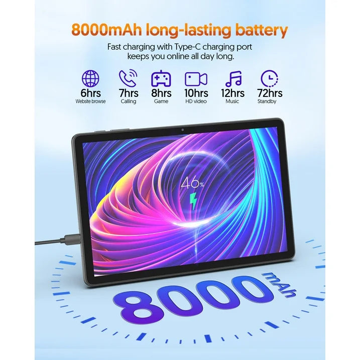 11 Inch Android 14 Tablet 2 in 1 Tablet, Qcta Core, 8GB RAM 128GB ROM 1TB Expand, 2 8MP Camera, 8000mAh Battery, 5G/2.4G WiFi, Bluetooth, Case (Gray)