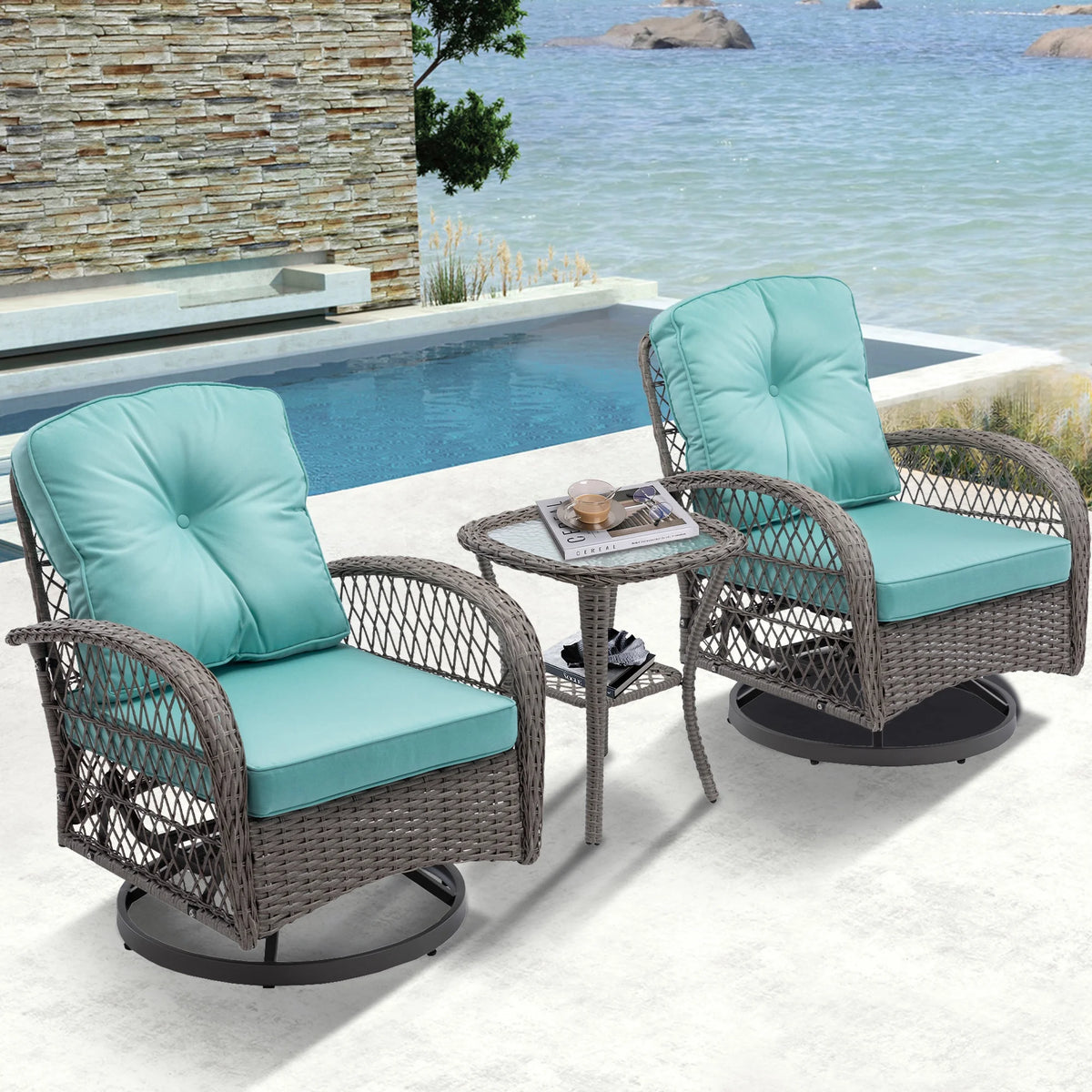 Seizeen Patio Furniture Set, 3 Pieces Outdoor Swivel Gliders Rocker, Wicker Bistro Set with Thickened Cushions, Rattan Porch Balcony Furniture Chair for 2 with Table, 360°Swivel