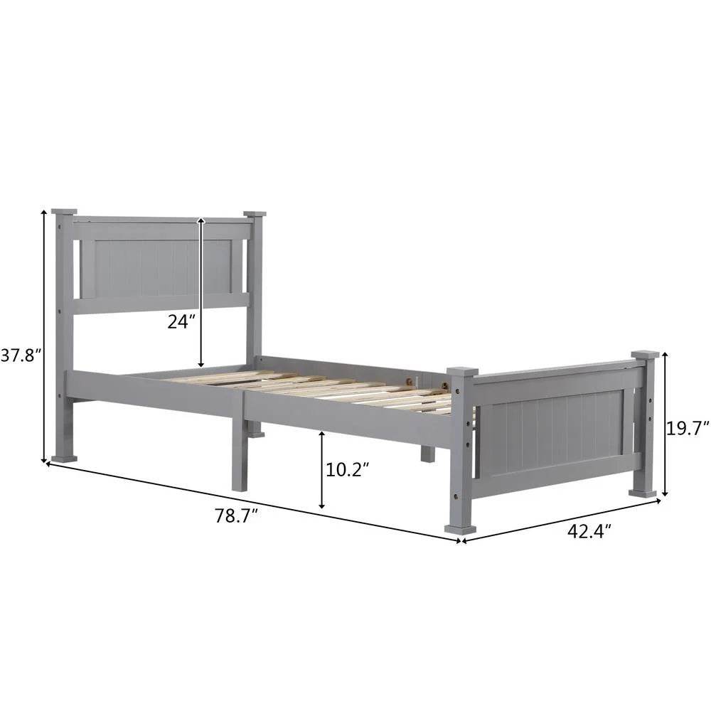 Ktaxon Twin Bed Frame,Solid Pine Wood Twin Platform Bed Frame, Bedroom Twin Bed with Headboard for Adults, Gray, 75.04"L*38.98"W*37.8"H