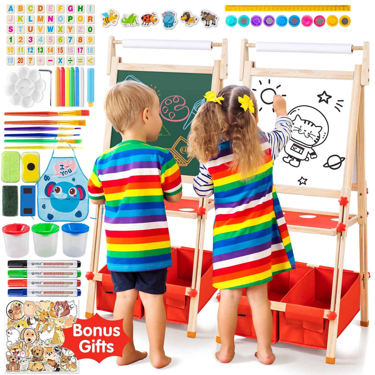 Deli All-in-One Art Easel Kids Easels for Kids, Height Adjustable Wooden Art Easel with Paper Roll for Toddlers 2-4 Years and Magnetic Double Sided Art Easel for Kids Ages 4-8