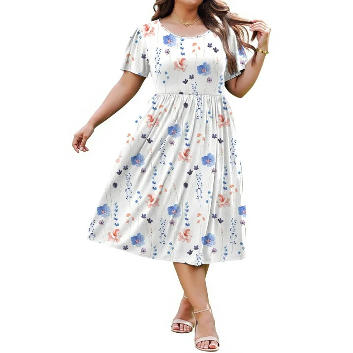 WellSize Plus Size Women Summer Dresses Casual Crew Neck Short Sleeve Sundresses Floral Midi Dress with Pockets
