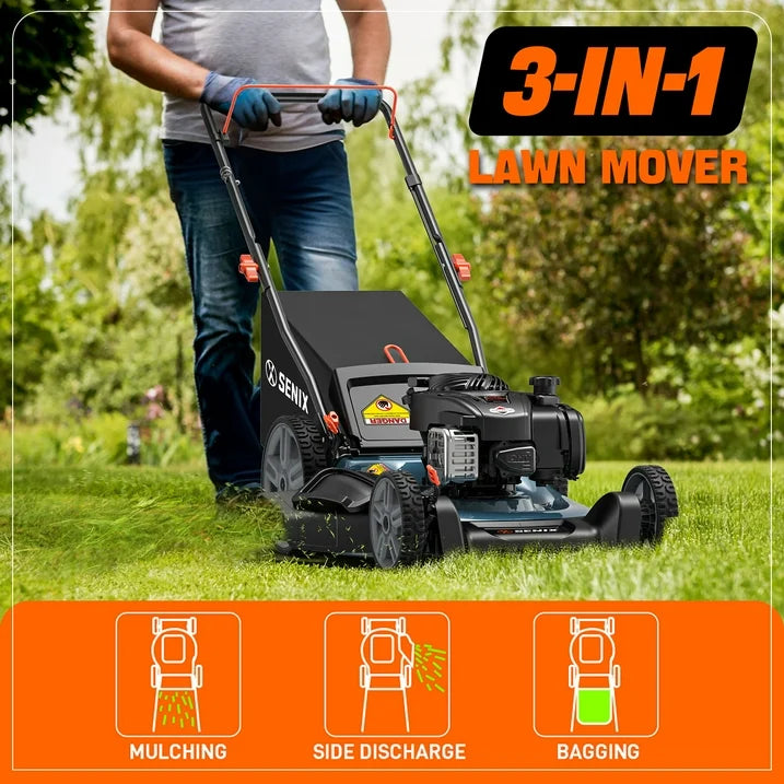 SENI 21 Gas Lawn Mower, 140cc 4 Cycle Made in USA Briggs Stratton Engine Push Mower, 3 In 1, 6 Height Adjustments, 11 Rear Wheels, LSPG M7