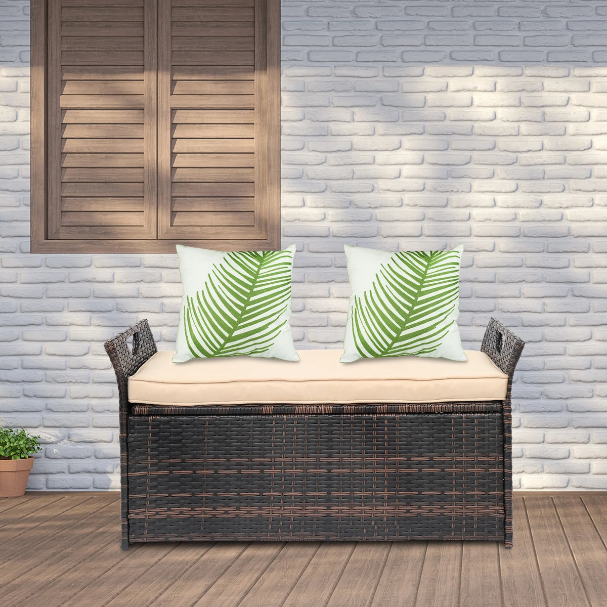Seizeen Patio Storage Bench, Outdoor Wicker Deck Box, PE Rattan Patio Storage Furniture with All-Weather Zippered Cushion, Brown, 41.7inch