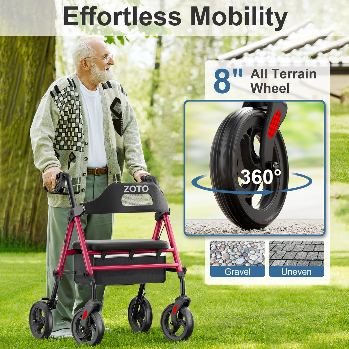 ZOTO ZOTO Walkers for Seniors with Seat, Foldable Rollator Walker, Reinforced Aluminum Frame, Height Adjustable Lightweight Rolling Walker,RED,VR2