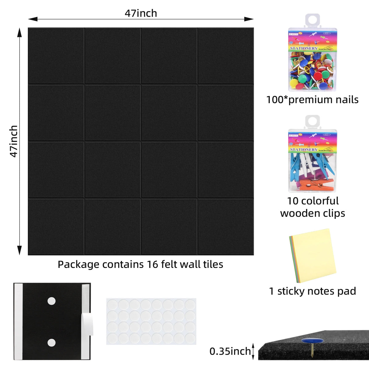 Sentryse Felt Tile Bulletin Board, 16 Pack Felt Wall Tiles with 100 Push Pins,10 Push Pin Clips, Sticky Notes, Large Alternative Cork Board for Walls Home Office, 47 X 47 inches