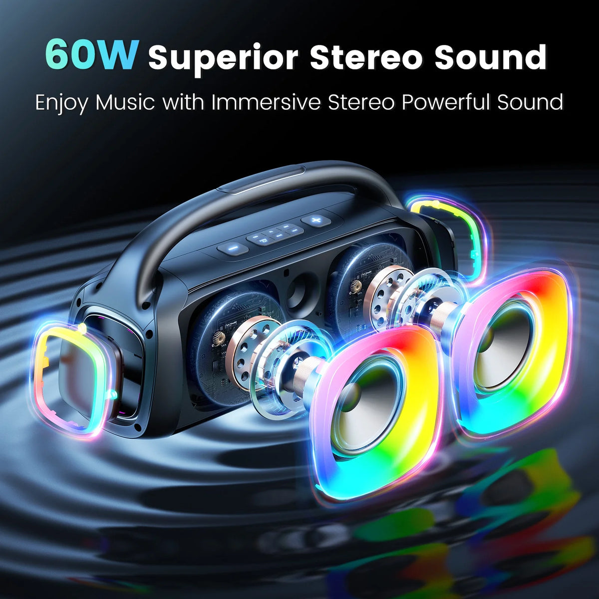FanFun Portable Bluetooth Speaker, 60W Powerful Speaker with 2 Wireless Microphones with RGB Lights, Perfect for Adults & Kids, Home & Outdoor Party