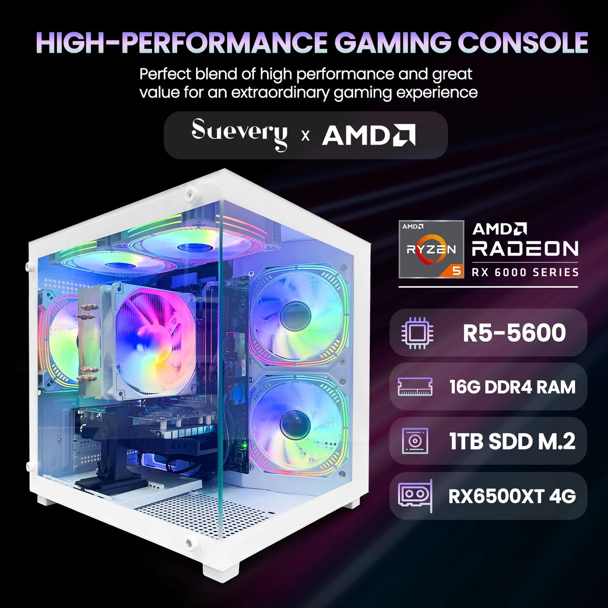 Suevery AMD Ryzen 5 5600 + Radeon RX 6500 Gaming PC with B450 Motherboard, 16GB DDR4 3200MHz, 1TB NVMe SSD, WiFi 6, 400W PSU, and RGB Lighting