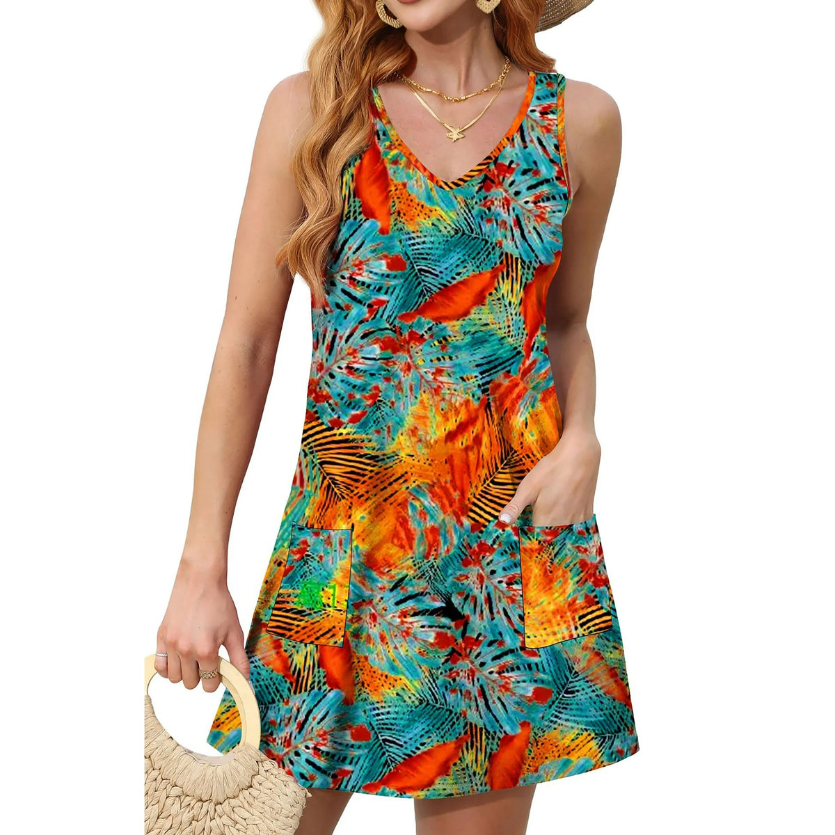 Fantaslook Summer Dresses for Women Casual V Neck Sleeveless Sundresses Floral Beach Short Dress with Pockets