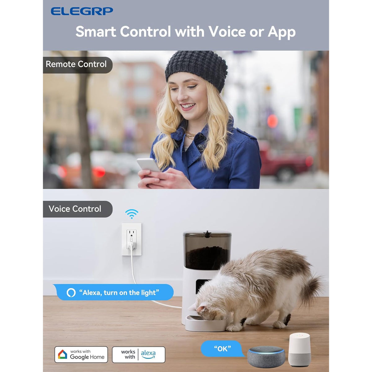 ELEGRP Smart in Wall Outlet, 2.4GHz Wi-Fi Smart Receptacle Compatible with Alexa & Google Assistant,Tamper Resistant, 2 Individual Controlled Outlets, No Hub Required, UL Listed, White 1 PC
