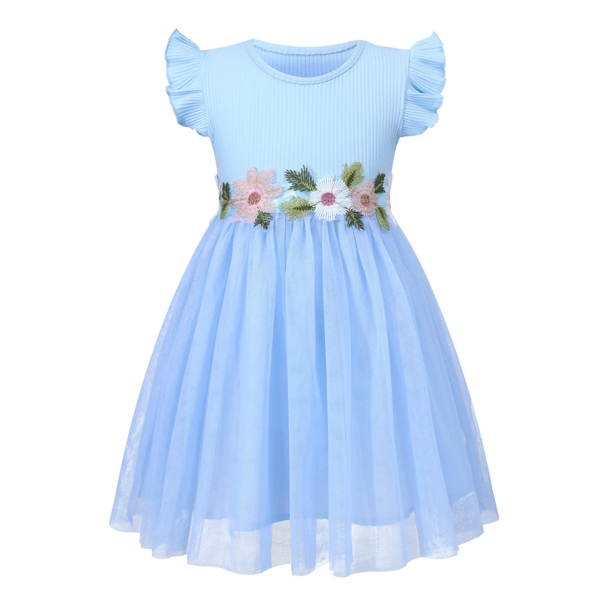 HILEELANG Toddler Flower Girl Tulle Tutu Dress Easter Light Blue Ribbed Cotton Flutter Sleeves Birthday Wedding Party Princess Dresses 2T