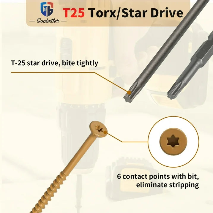 Goobetter Wood Screws, #10 x 4", Premium Outside Deck Screws, Includes 2 T25 Plum Bits (50mm 100mm), 200Pcs.