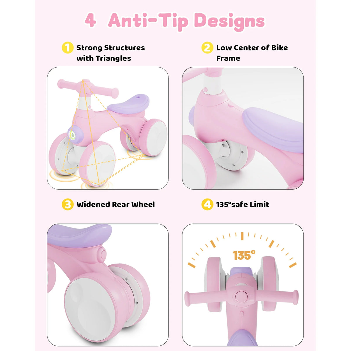 Baby Balance Bike for 1-2 Year Old Boys Girls, 4 Wheels Balance Bike with Lights & Sounds, Best Birthday Gift for Toddler, Toys for Baby Walker(Pink)