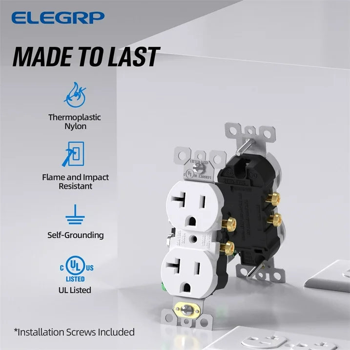 ELEGRP 20A 125V Duplex Receptacle, 2 Pole 3 Wire Standard Electrical Wall Outlet, 5-20R, Self-Grounding, side wire, UL Glossy White, 10 Pack