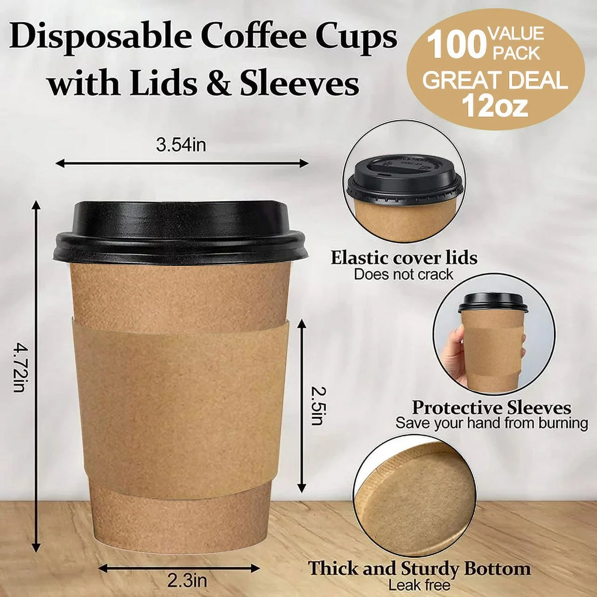 100 Pack 12 oz Paper Coffee Cups, Disposable Coffee Cups with Lids and Sleeves for Home and Cafes.