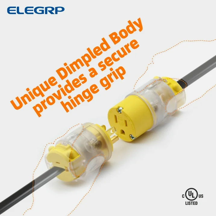 ELEGRP Lighted Straight Blade Electrical Plug and Connector Set 15 Amp 125 Volt NEMA 5-15P NEMA 5-15R 2 Pole 3 Wire Grounding, Commercial Grade, Yellow, 5 Set