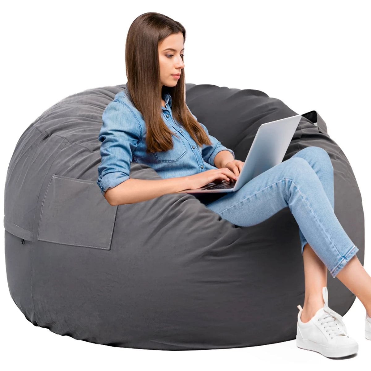 edx Bean Bag Sofa Chair 3Ft, Removable and Washable Matte Velvet Fabric Cover, Memory Foam Filling for Adults for Home, Dark Grey