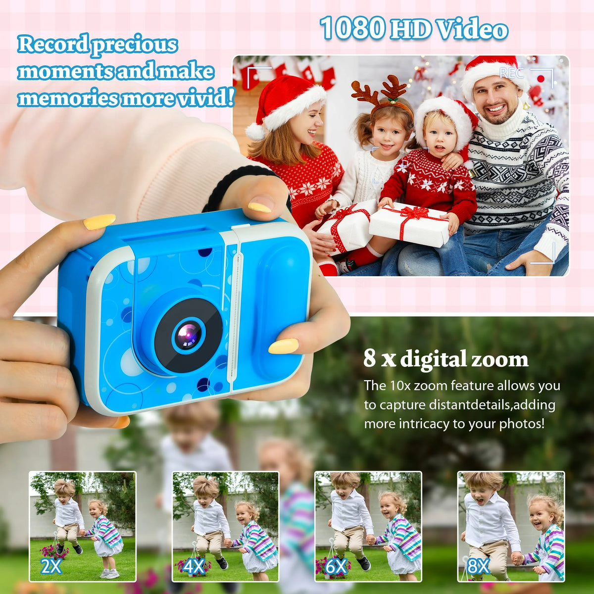 Pink Touch Kids Camera Instant Print, Front Rear Dual Selfie Kids Camera with 1080P Videos, Portable Children Digital Camera with 64GB Card, Best Christmas and birthday gifts for kids aged 3-12, Blue