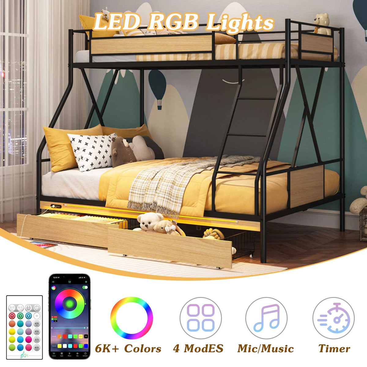 Twin Over Full Bunk Bed with Storage, Heavy Duty Metal Bunk Beds with LED Lights for Kids, Space Saving Bunk Beds with 2 Drawers, l, Modern Kids Room Furniture, Black