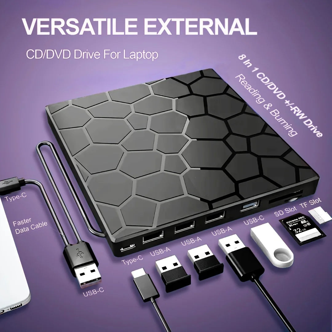 External CD/DVD Drive for Laptop, DVD Player for Laptop, 8 in 1 USB 3.0 Ultra-Slim Portable, CD Burner External Disk Drive Optical Compatible with Laptop Desktop Mac,Windows 11/10/8/7 Linux