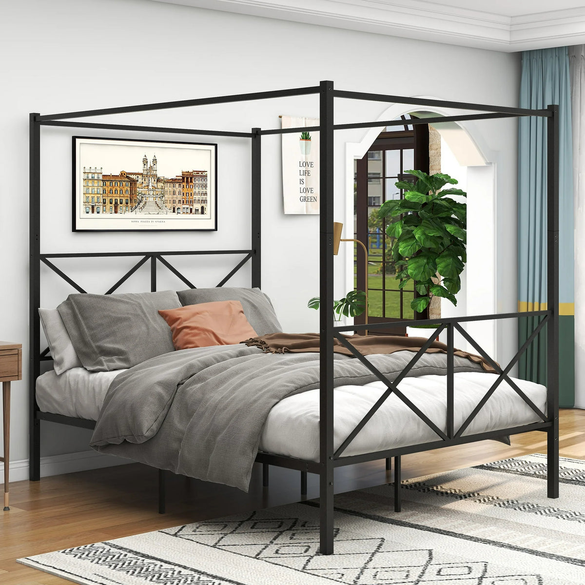 HSUNNS Queen Size Canopy Bed Frame, Metal Platform Bed Frame with X Shaped Headboard and Footboard, Under-Bed Storage, Noise Free, Easy Assembly, Black