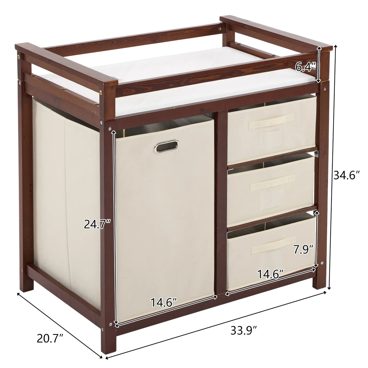 Baby Changing Table,Dresser Baby Diaper Changing Station with Laundry Hamper,Infant Nursing Table with 3 Storage Drawers,Removable Safety Rail & Strap for Bedroom,Brown