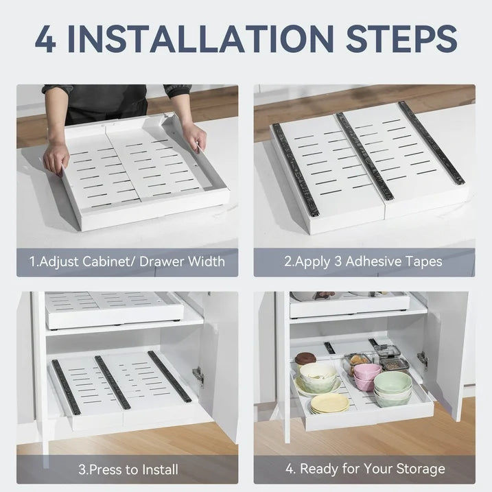Pull out Cabinet Organizer, Adjustable Width 12.2"-20.1" Expandable Slide out Drawers Storage Rack, Pull-out Shelf Storage for Kitchen Pantry Bathroom Organization (White)