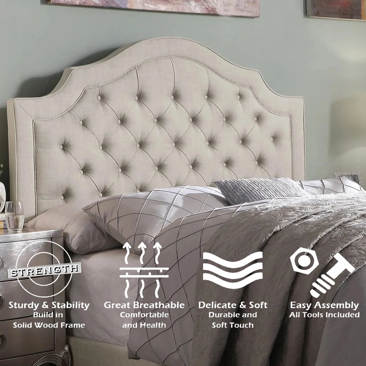 Queen Size Classical Bed Frame with Adjustable Button Tufted Headboard, Fabric Upholstered Platform Bed Frame for Bedroom, Strong Wooden Slat Support, Easy Assembly, Beige